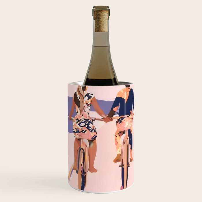 Cycling Joy Series 01: Into The Lilac Sunset, Couple Love Companion Friends, Eclectic Pastel Landscape Romantic, Scenic Outdoors Evening Painting Wine Chiller Gallery Image 1