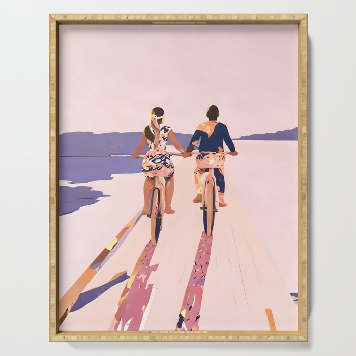Cycling Joy Series 01: Into The Lilac Sunset, Couple Love Companion Friends, Eclectic Pastel Landscape Romantic, Scenic Outdoors Evening Painting Serving Tray Gallery Image 1