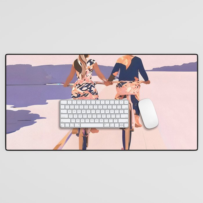 Cycling Joy Series 01: Into The Lilac Sunset, Couple Love Companion Friends, Eclectic Pastel Landscape Romantic, Scenic Outdoors Evening Painting Desk Mat Gallery Image 1
