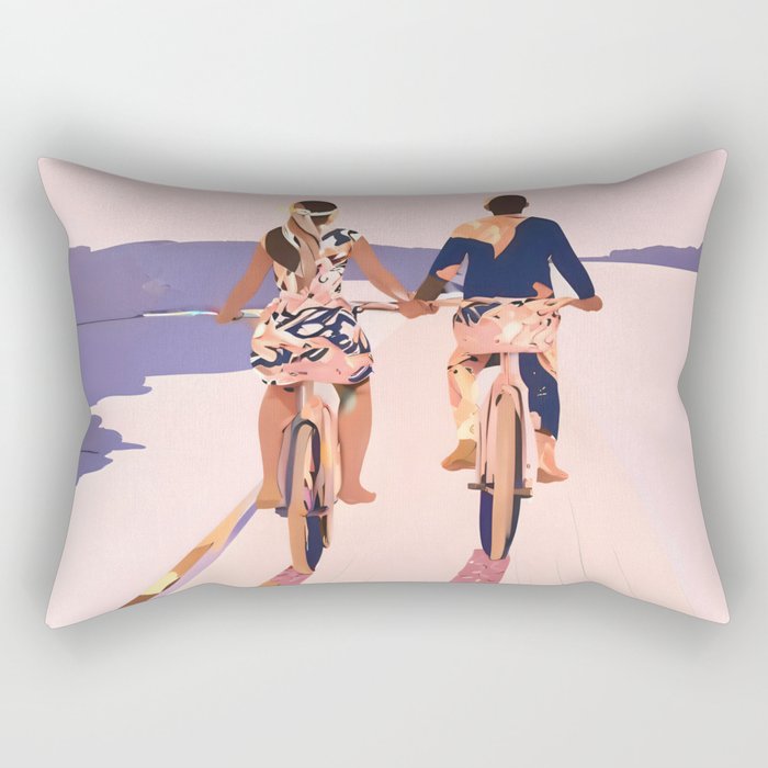 Cycling Joy Series 01: Into The Lilac Sunset, Couple Love Companion Friends, Eclectic Pastel Landscape Romantic, Scenic Outdoors Evening Painting Rectangular Pillow Gallery Image 1
