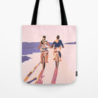 Cycling Joy Series 01: Into The Lilac Sunset, Couple Love Companion Friends, Eclectic Pastel Landscape Romantic, Scenic Outdoors Evening Painting Tote Bag Gallery Image 1