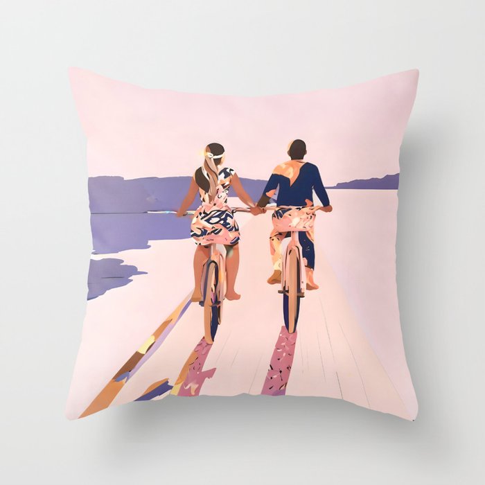Cycling Joy Series 01: Into The Lilac Sunset, Couple Love Companion Friends, Eclectic Pastel Landscape Romantic, Scenic Outdoors Evening Painting Throw Pillow Gallery Image 6