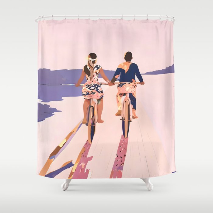 Cycling Joy Series 01: Into The Lilac Sunset, Couple Love Companion Friends, Eclectic Pastel Landscape Romantic, Scenic Outdoors Evening Painting Shower Curtain Gallery Image 1