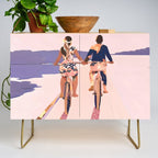 Cycling Joy Series 01: Into The Lilac Sunset, Couple Love Companion Friends, Eclectic Pastel Landscape Romantic, Scenic Outdoors Evening Painting Credenza Gallery Image 1