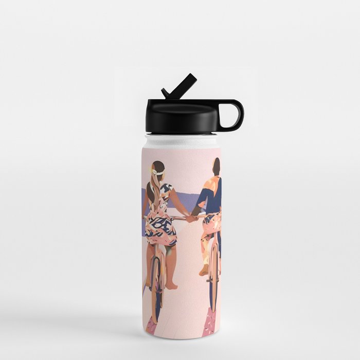 Cycling Joy Series 01: Into The Lilac Sunset, Couple Love Companion Friends, Eclectic Pastel Landscape Romantic, Scenic Outdoors Evening Painting Water Bottle Gallery Image 1