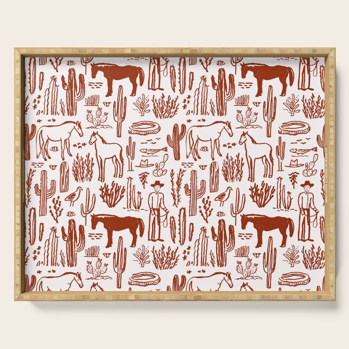 Western Desert Pattern Cowboy Horses Cactus Southwest Ranch Serving Tray Gallery Image 1