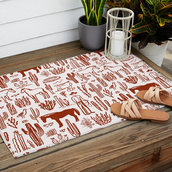 Western Desert Pattern Cowboy Horses Cactus Southwest Ranch Outdoor Rug Gallery Image 2