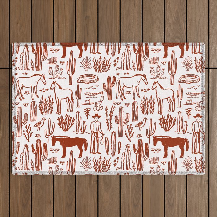 Western Desert Pattern Cowboy Horses Cactus Southwest Ranch Outdoor Rug Gallery Image 1