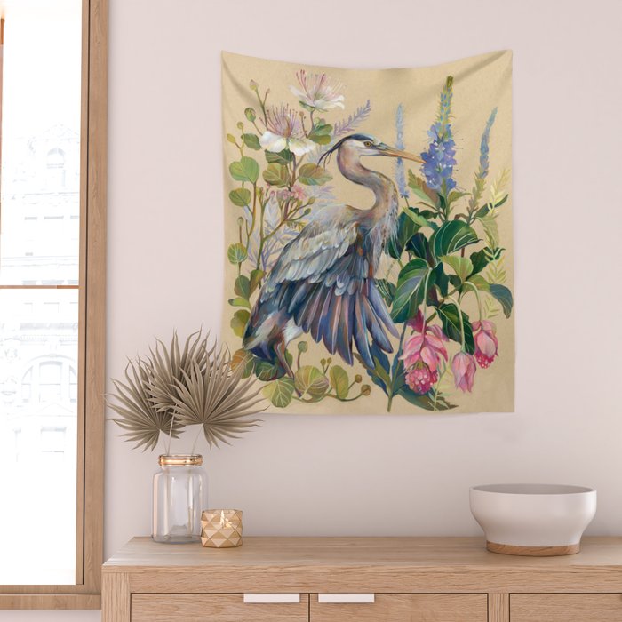 Blue Heron Floral Wall Tapestry Gallery Image 2