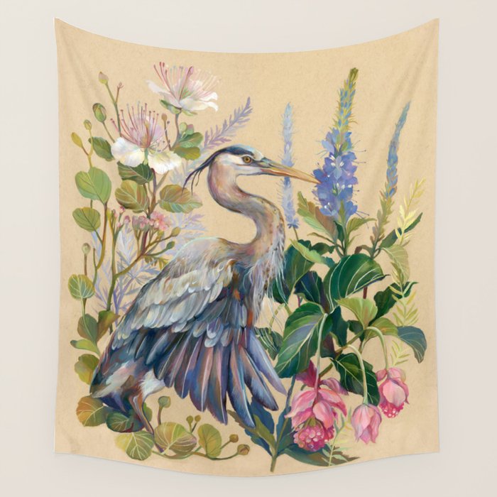 Blue Heron Floral Wall Tapestry Gallery Image 4