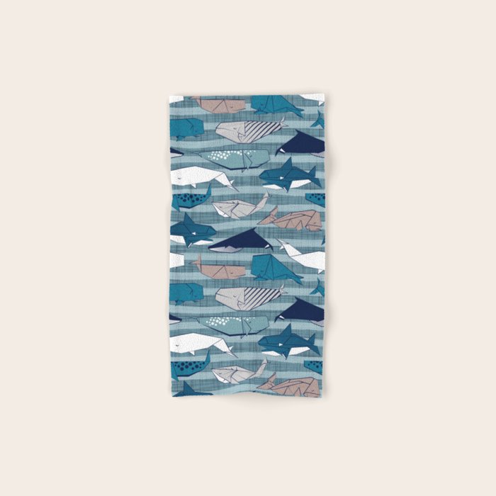 Origami Sea // linen texture and nautical stripes background teal white and taupe whales Bath Towel Gallery Image 1