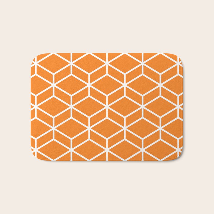 Geometric Honeycomb Pattern in White and Orange Bath Mat Gallery Image 1