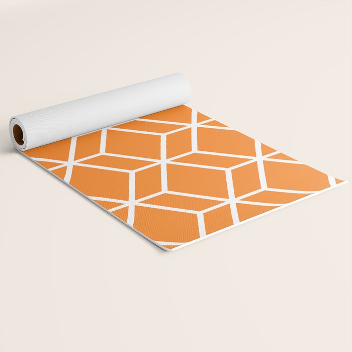 Geometric Honeycomb Pattern in White and Orange Yoga Mat Gallery Image 2