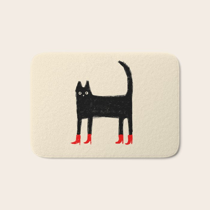 Black Cat in Red Boots Bath Mat