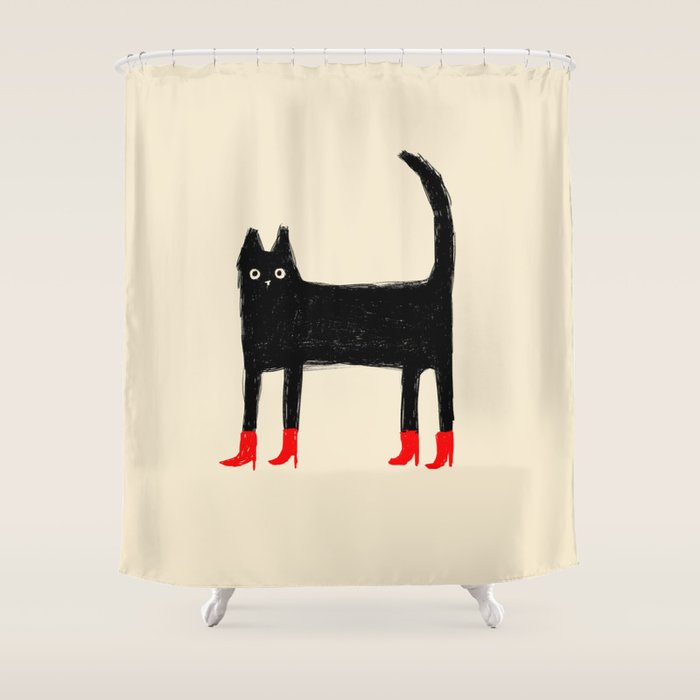 Black Cat in Red Boots Shower Curtain Gallery Image 1