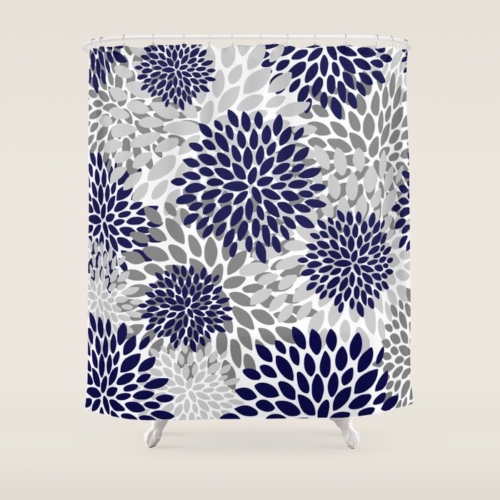 Abstract, Floral Prints, Navy Blue and Grey Shower Curtain Gallery Image 1