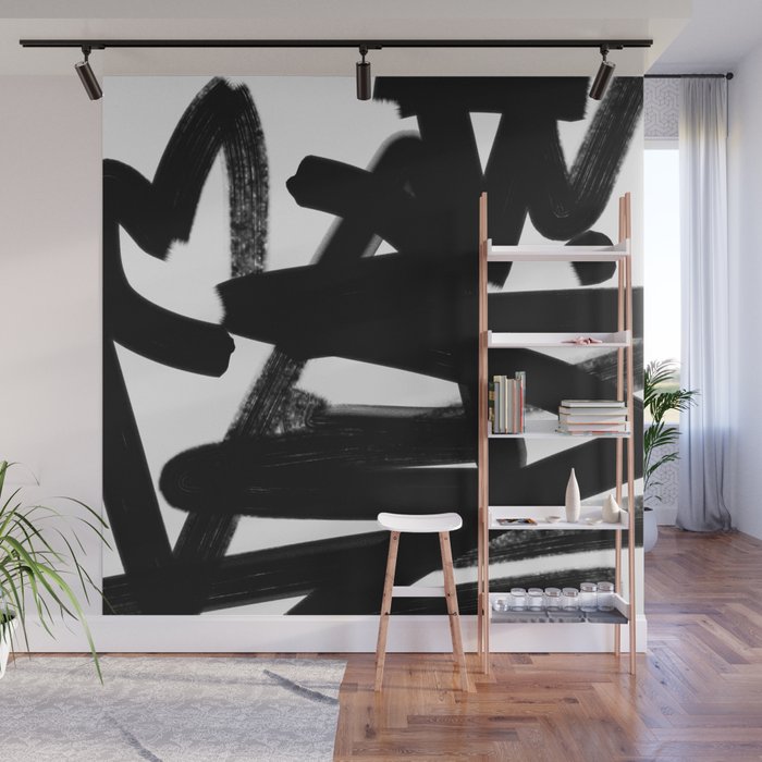 Thinking Out Loud - Black and white abstract painting, raw brush strokes Wall Mural Gallery Image 1