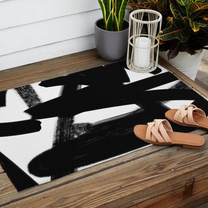 Thinking Out Loud - Black and white abstract painting, raw brush strokes Outdoor Rug Gallery Image 2
