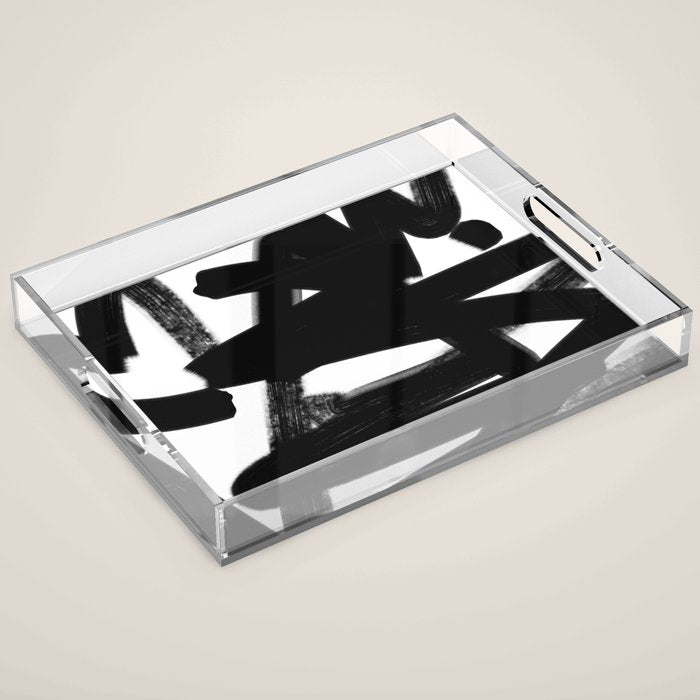 Thinking Out Loud - Black and white abstract painting, raw brush strokes Acrylic Tray Gallery Image 1