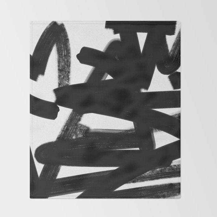 Thinking Out Loud - Black and white abstract painting, raw brush strokes Throw Blanket Gallery Image 2