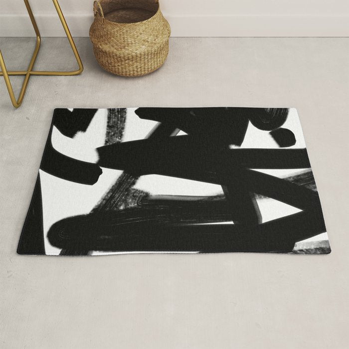 Thinking Out Loud - Black and white abstract painting, raw brush strokes Rug Gallery Image 1