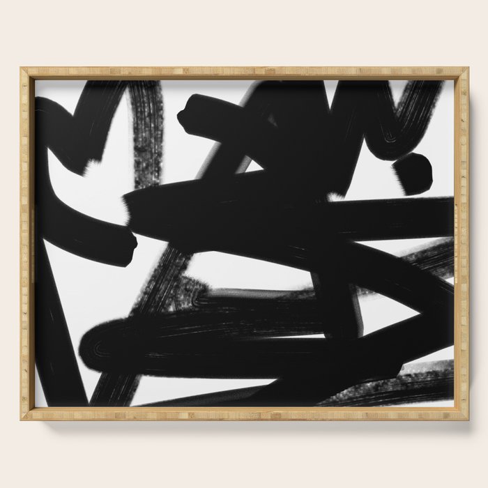Thinking Out Loud - Black and white abstract painting, raw brush strokes Serving Tray Gallery Image 1