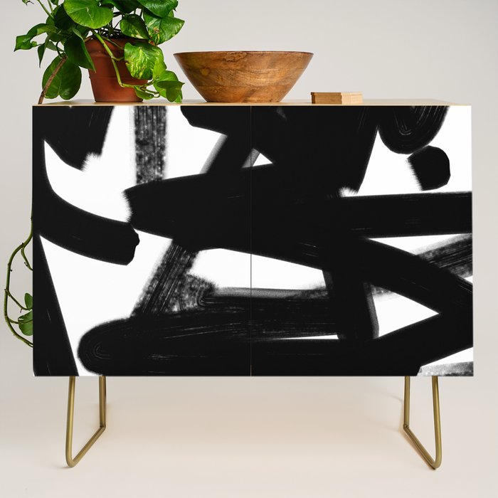 Thinking Out Loud - Black and white abstract painting, raw brush strokes Credenza Gallery Image 1