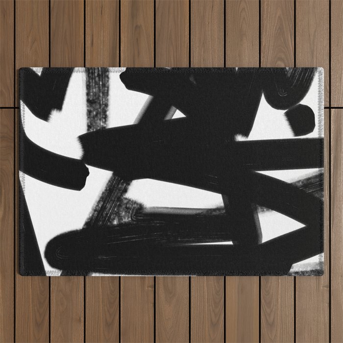 Thinking Out Loud - Black and white abstract painting, raw brush strokes Outdoor Rug Gallery Image 1