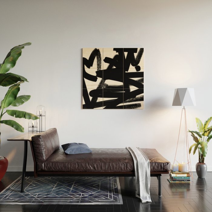 Thinking Out Loud - Black and white abstract painting, raw brush strokes Wood Wall Art Gallery Image 2