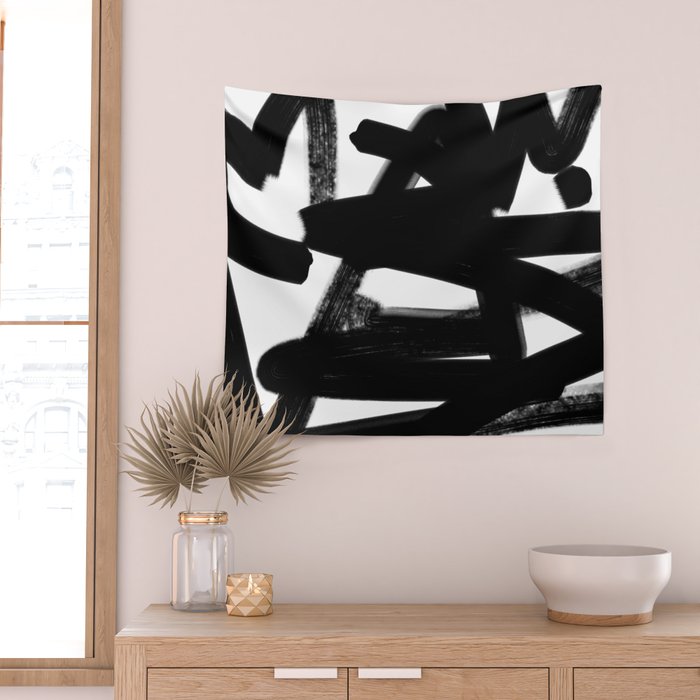 Thinking Out Loud - Black and white abstract painting, raw brush strokes Wall Tapestry Gallery Image 2