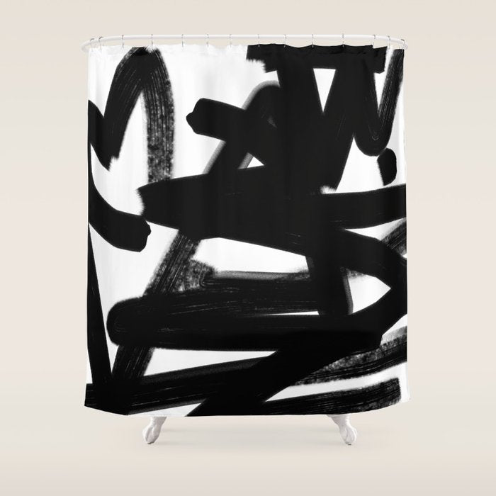 Thinking Out Loud - Black and white abstract painting, raw brush strokes Shower Curtain Gallery Image 1