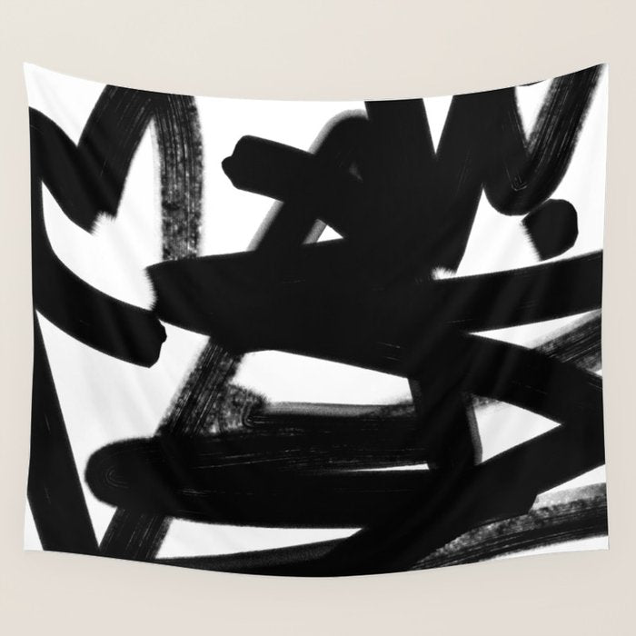 Thinking Out Loud - Black and white abstract painting, raw brush strokes Wall Tapestry Gallery Image 4