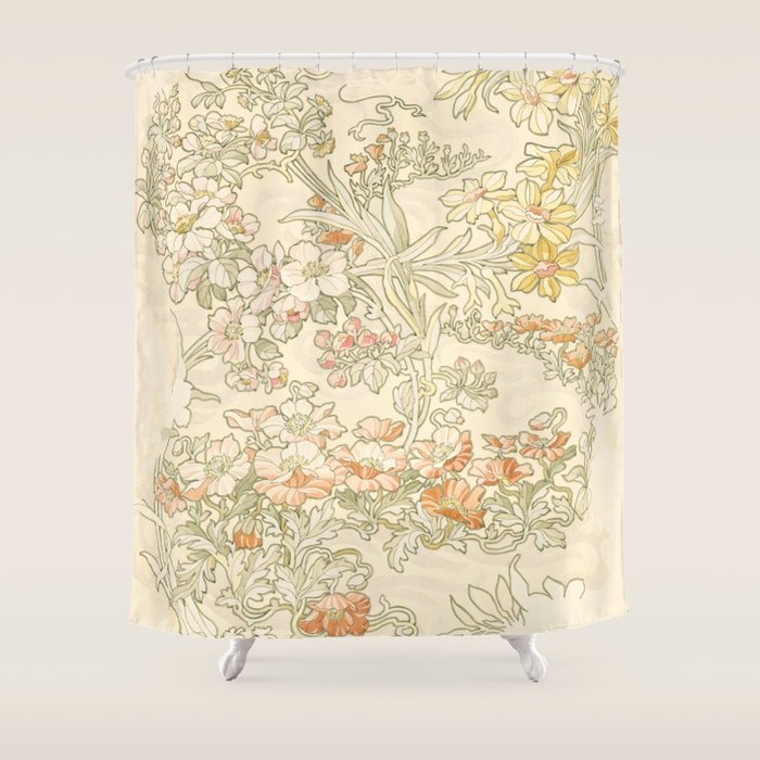 Alphonse Mucha "Anemones, Apple Blossoms and Narcissis" Shower Curtain Gallery Image 1