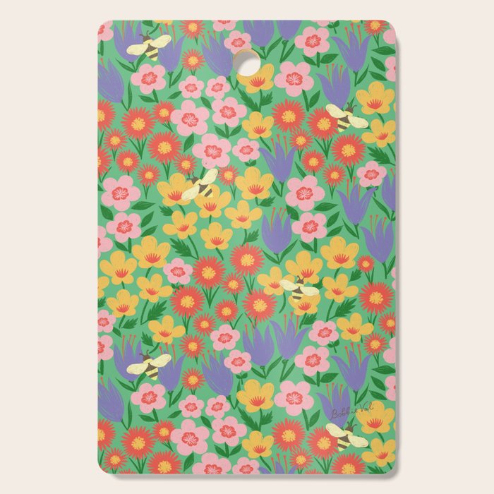 Bright Colorful Floral Meadow with Bees Cutting Board Gallery Image 1