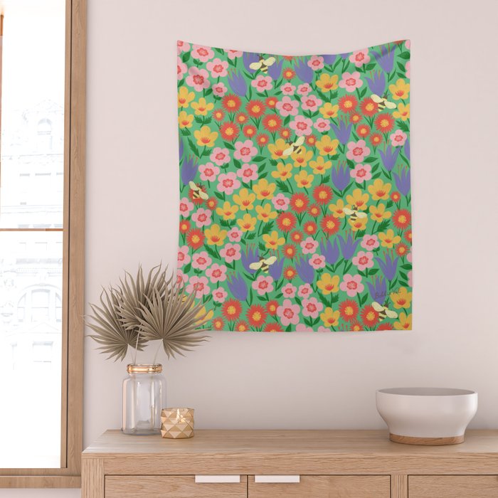 Bright Colorful Floral Meadow with Bees Wall Tapestry Gallery Image 2
