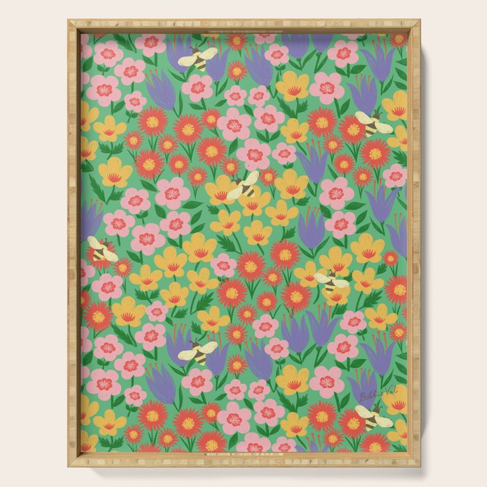 Bright Colorful Floral Meadow with Bees Serving Tray Gallery Image 1