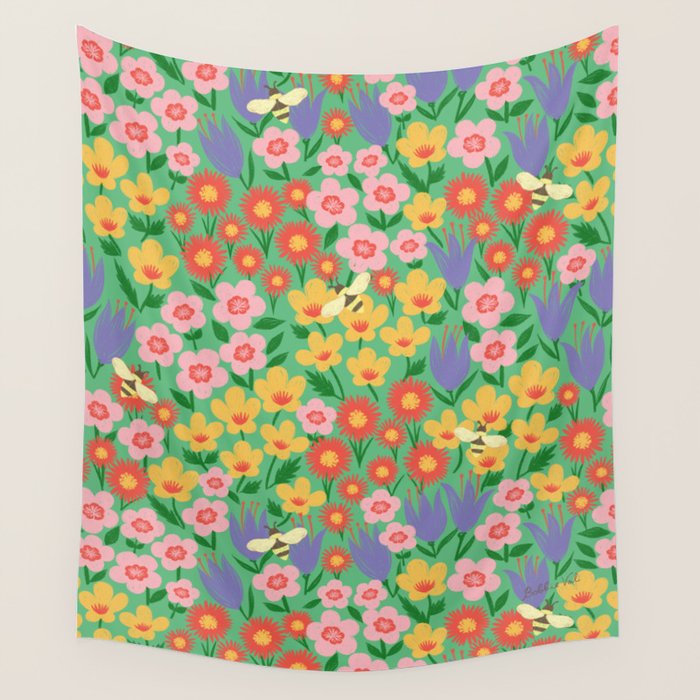 Bright Colorful Floral Meadow with Bees Wall Tapestry Gallery Image 4