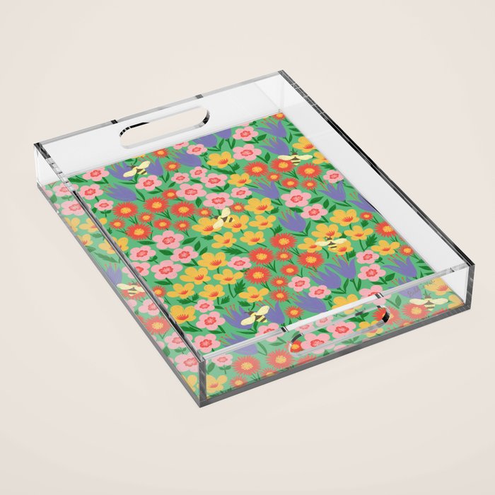 Bright Colorful Floral Meadow with Bees Acrylic Tray Gallery Image 1