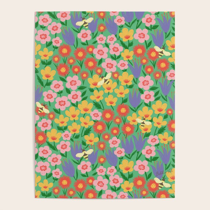 Bright Colorful Floral Meadow with Bees Poster Gallery Image 4