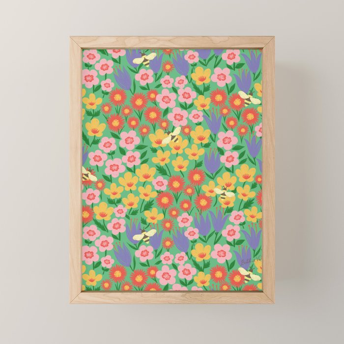 Bright Colorful Floral Meadow with Bees Mini Art Print Gallery Image 1