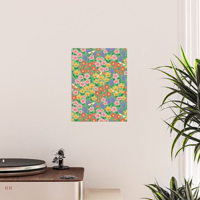Bright Colorful Floral Meadow with Bees Poster Gallery Image 2