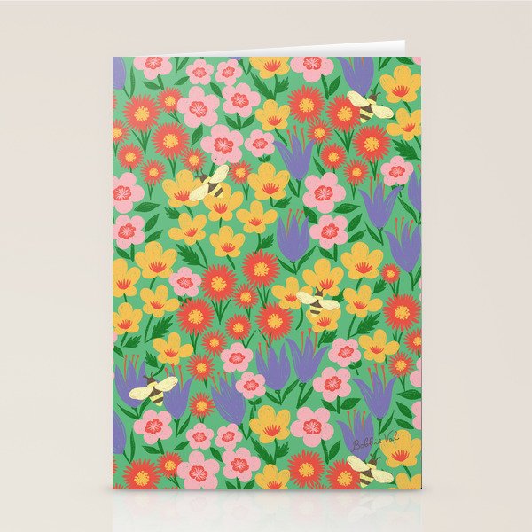 Bright Colorful Floral Meadow with Bees Stationery Card Gallery Image 1