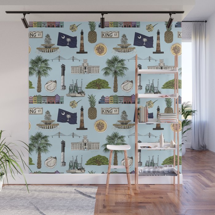 Charleston South Carolina Pattern - Blue Wall Mural Gallery Image 1
