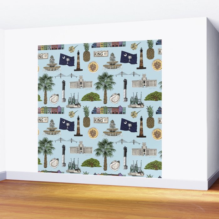 Charleston South Carolina Pattern - Blue Wall Mural Gallery Image 2