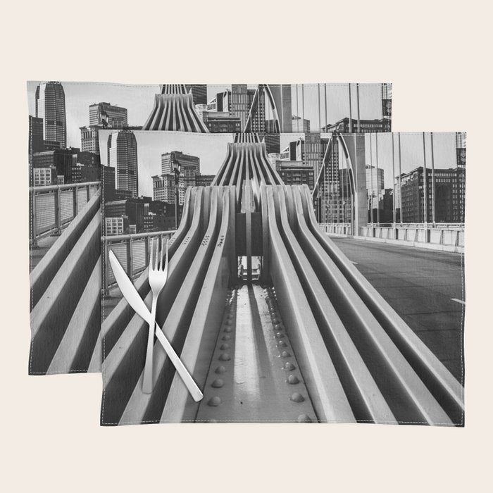 Pittsburgh Pennsylvania Steel City Skyline Bridge Black White Print Placemat Gallery Image 1
