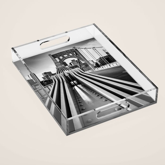 Pittsburgh Pennsylvania Steel City Skyline Bridge Black White Print Acrylic Tray Gallery Image 1