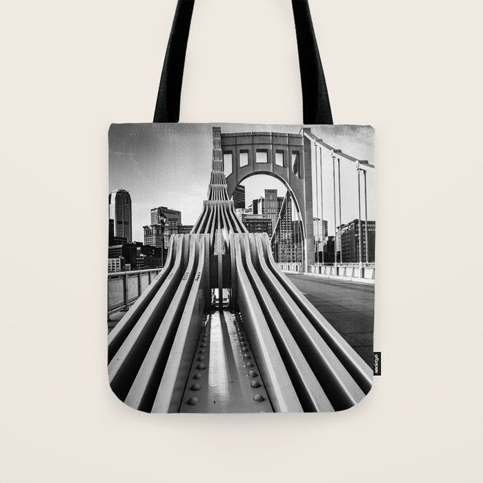 Pittsburgh Pennsylvania Steel City Skyline Bridge Black White Print Tote Bag Gallery Image 1
