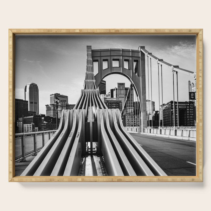 Pittsburgh Pennsylvania Steel City Skyline Bridge Black White Print Serving Tray Gallery Image 1