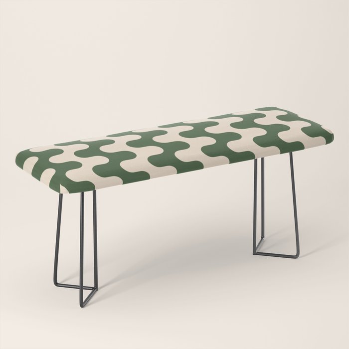 Retro Mid Century Modern Waves in Forest Green and Creamy White Bench Gallery Image 1