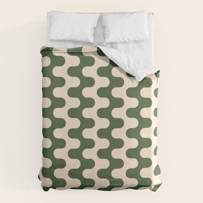 Retro Mid Century Modern Waves in Forest Green and Creamy White Duvet Cover Gallery Image 6